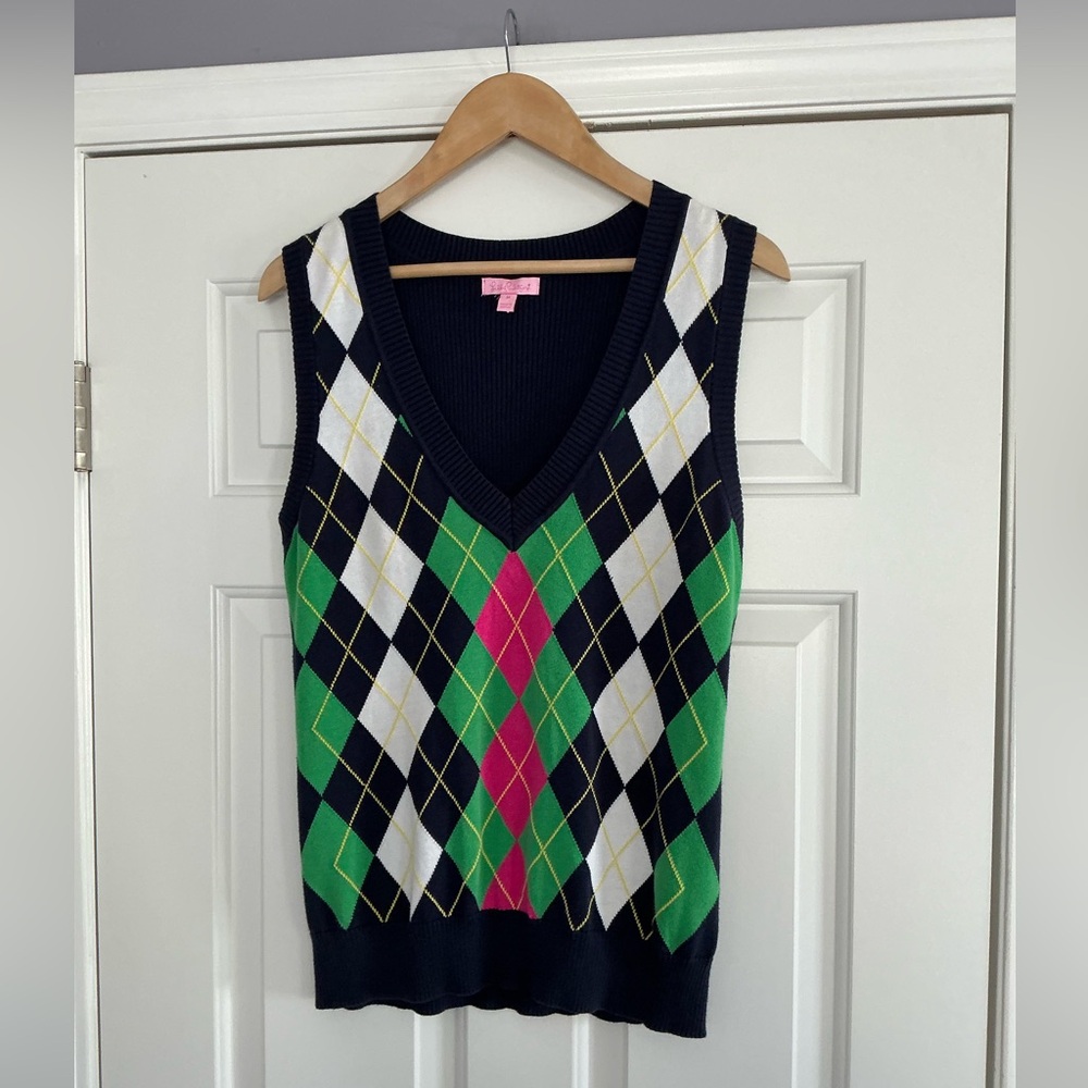 Lilly Pulitzer Navy Blue Argyle Cotton Knit Sweater Vest M